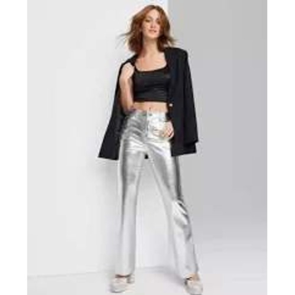 Wild Fable Metallic Pants Womens 6 Silver High Rise Flare Leg Y2K Faux Leather